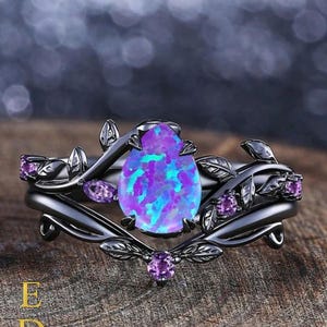 Vintage Purple Opal Leaf Ring Set for Women – Gun Black Festival Jewelry