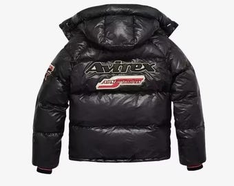 Avirex Puffer Leather Jacket with Hood Men’s Vintage Style Winter Coat Warm Outerwear Jacket - Gift for Him