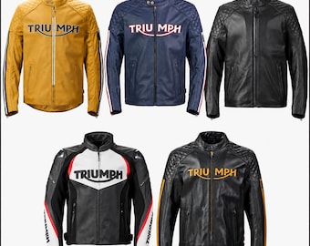 Triumph Men’s Vintage Motorcycle Racing Jacket – Premium Cowhide Leather Biker Motorbike Jacket with Quilted Shoulders & YKK Zippers