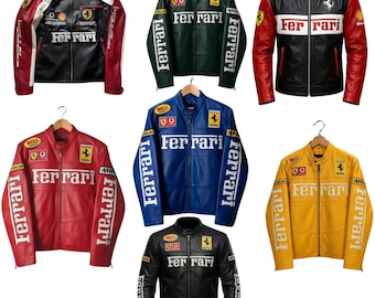 Chaqueta de cuero vintage Ferrari Racing para hombre, roja, estilo motero, de piel de vacuno auténtica, estilo Fórmula 1, estilo streetwear, regalo unisex.