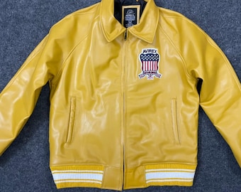 Avirex USA Yellow Bomber Jacket Men Leather Jacket, Letterman Jacket, Personalized Varsity Jacket, Spring Leather Jacket Men
