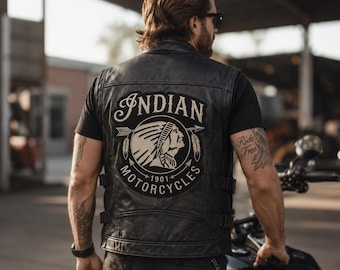 Chaleco de motociclista negro con parche en la espalda para hombre, chaleco de cuero Indian Motorcycle, chaleco de motociclista estilo club de motociclistas, regalo para él.