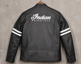 Chaqueta de cuero Indian Motorcycle para hombre, estilo vintage, Cafe Racer, para motociclista, de cuero genuino, ideal para regalar.