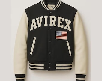 Avirex Jacket Black Varsity Bomber – Avirex Leather Jacket with Cream Sleeves & USA Patch - Gift for him