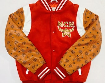 Chaqueta vintage MCM / Bomber universitaria auténtica MCM / Mangas de cuero con monograma, ropa de calle de diseñador