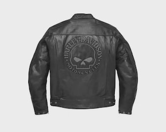 Chaqueta de cuero Harley Davidson para hombre con calavera / Chaqueta de motociclista negra de piel de vaca auténtica / Abrigo de cuero vintage para montar a caballo y carreras