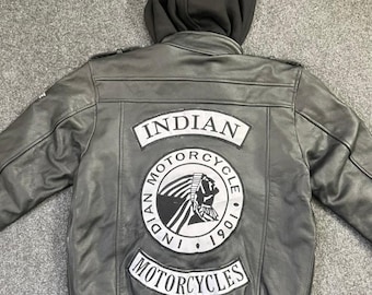 Indian Motorcycle Hooded Leather Jacket, Genuine Cowhide Vintage Biker Coat, Men’s Riding Jacket, Retro Streetwear, Gift for Unisex