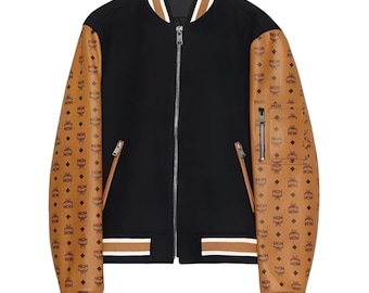 MCM Leather Jacket for Men & Women– Black Varsity Bomber with Monogram Sleeves