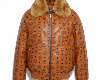 MCM Cognac Visetos Monogram Leather Puffer Bomber Jacket with Fur for Men’s & Womens
