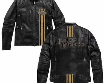 Chaqueta de cuero negra para hombre Harley-Davidson / Chaqueta motera con franja dorada, chaqueta de cuero para hombre, chaqueta de cuero negra, regalo unisex