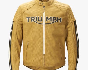 Triumph Men’s Vintage Motorcycle Racing Jacket – Premium Cowhide Leather Biker Motorbike Jacket Quilted Shoulders & YKK Zippers, Gift jacket