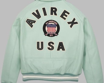 New Mens Mint Green Avirex USA Leather Bomber Jacket | Vintage Varsity Sea Green Outerwear