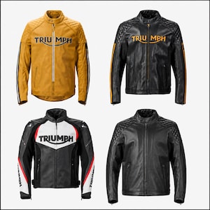 Op de afbeelding: Vier motorjassen met het Triumph-logo. Linksboven een mosterdgele jas met zwarte strepen. Rechtsboven een zwarte jas met gele letters. Linksonder een zwart, wit en rood model met grafisch ontwerp. Rechtsonder een effen zwarte motorjas.