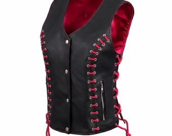 Chaleco de cuero negro y rojo con cordones para mujer, estilo motero, de cuero genuino, para motocicleta.