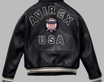 Men Avirex Black Real Bomber American Flight Style Avirex Leather Jacket
