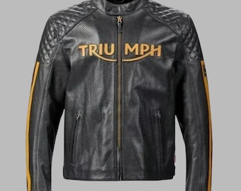 Triumph Men’s Vintage Motorcycle Racing Jacket – Premium Cowhide Leather Biker Motorbike Jacket with Quilted Shoulders & YKK Zippers
