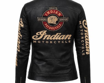 Chaqueta de moto de cuero negro para mujer, chaqueta de moto Indian, chaqueta de motociclista de carreras vintage, chaqueta de montar de cuero negro, regalo para ella.