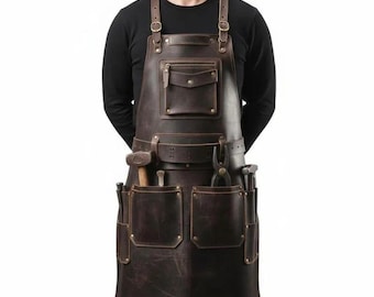 Delantal de herrero de cuero marrón para hombre, ropa de trabajo resistente con bolsillos para herramientas, delantal de cuero cruzado en la espalda, delantal personalizado, regalo unisex.