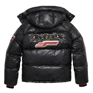 May include: Black puffer jacket with a hood. The jacket features the brand name "Avirex" in gold and white lettering across the back, along with the text "All Star Dunalers" in a red and white design. The jacket has a glossy finish and a red and black striped cuff.