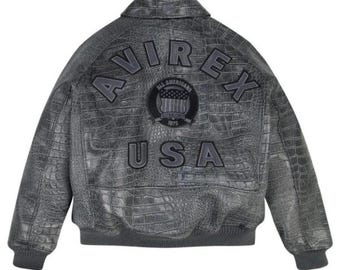 Avirex Crocodile Embossed Leather Bomber Jacket | Quilted Varsity Style