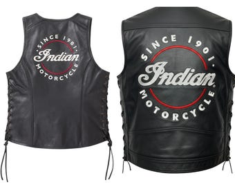 Chaleco de cuero para hombre estilo Indian Motorcycle, chaleco de motociclista de cuero genuino negro, chaleco de motociclista con cordones, chaleco clásico para montar a caballo, regalo para él.