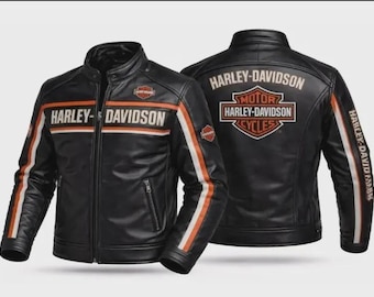 Mens real cowhide leather jacket, Men's Harley-Davidson Black Leather Motorcycle Racing Jacket Biker Gear, Gift for Unisex