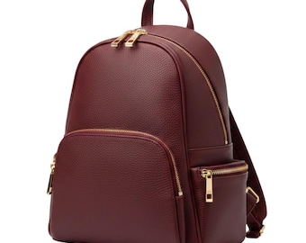 Mochila de piel de vaca, mini mochila de viaje color granate