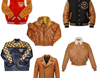 Chaqueta de cuero MCM, chaqueta de cuero vintage con monograma MCM, chaqueta bomber de lujo estilo streetwear, chaqueta motera color coñac, abrigo con cuello de piel, regalo para él.