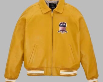 Men's Avirex Yellow Real Bomber American Jacket | Vintage Varsity Leather Genuine Cowhide Leather spacex jacket Personalized Gift For Him