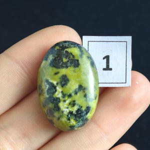 May include: Oval-shaped gemstone with a vibrant green and black mottled pattern. The stone is smooth and polished, with a glossy finish. A small white square with the number "1" is next to the stone.