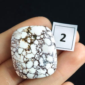 May include: A white and brown gemstone with a unique pattern. The stone has a rounded rectangular shape and is held in a hand. A small white tag with the number "2" is in the background.