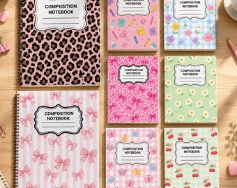 May include: A collection of spiral-bound and stitched composition notebooks featuring various patterns including leopard print, pink bows, pastel school supplies, blue gingham with flowers, daisies, butterflies, and cherries, all with white labels.