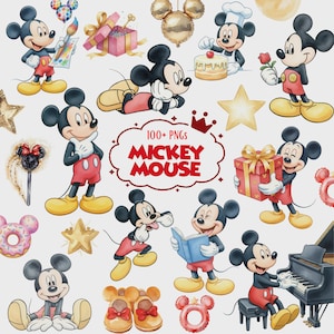 May include: A collection of Mickey Mouse illustrations featuring the character in various poses, including painting, reading, and playing the piano. The set includes gift boxes, stars, a cake, and a donut, with the text 100+ PNGS MICKEY MOUSE.