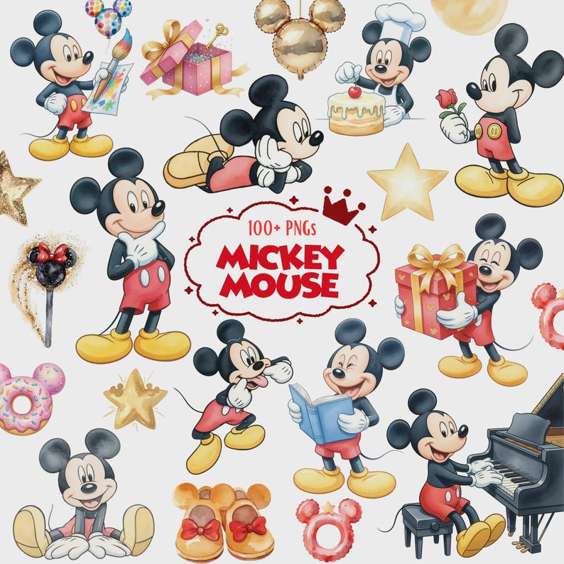 May include: A collection of Mickey Mouse illustrations featuring the character in various poses, including painting, reading, and playing the piano. The set includes gift boxes, stars, a cake, and a donut, with the text 100+ PNGS MICKEY MOUSE.