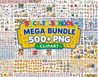 Könnte beinhalten: Eine digitale Sammlung von über 500 PNG-Clipart-Dateien mit verschiedenen Zeichentrickfiguren wie Disney-Prinzessinnen, Snoopy, Mickey Mouse, Winnie Puuh und Sonic the Hedgehog, mit einem gelben Schild in der Mitte mit der Aufschrift BACK TO SCHOOL MEGA BUNDLE 500+ PNG CLIPART.