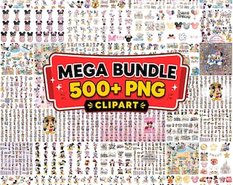 Könnte beinhalten: Eine digitale Sammlung von über 500 farbenfrohen Zeichentrickfiguren-Illustrationen mit Mäusen und Enten in verschiedenen Posen, Outfits und Geburtstagsthemen. Ein zentrales rotes Banner zeigt den Text MEGA BUNDLE 500+ PNG CLIPART in fetten Buchstaben.