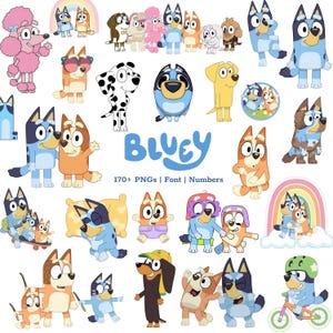 Peut inclure: Une collection d'illustrations numériques représentant les personnages de Bluey dans diverses poses, incluant des chiens costumés, à vélo et en train de jouer. Le texte Bluey et 170+ PNGs | Font | Numbers est affiché au centre sur fond blanc.