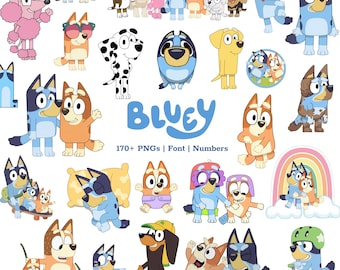 May include: A collection of digital illustrations featuring Bluey characters in various poses, including dogs in costumes, riding a bicycle, and playing. The text Bluey and 170+ PNGs | Font | Numbers is displayed in the centre of the white background.