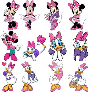 May include: A collection of twelve illustrations featuring Minnie Mouse and Daisy Duck in various poses and outfits. Minnie wears pink polka-dot dresses and bows, while Daisy is depicted in purple and pink clothing with her signature pink bow.