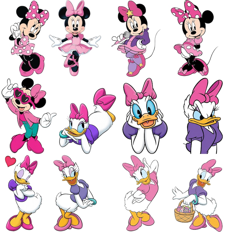 May include: A collection of twelve illustrations featuring Minnie Mouse and Daisy Duck in various poses and outfits. Minnie wears pink polka-dot dresses and bows, while Daisy is depicted in purple and pink clothing with her signature pink bow.