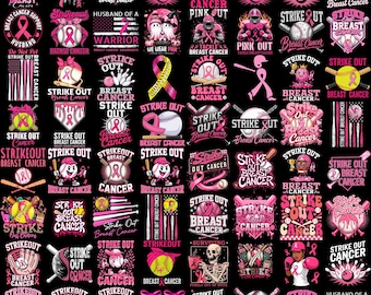 May include: A collection of graphic designs on a black background featuring breast cancer awareness themes, including pink ribbons, baseballs, bats, bowling pins, skulls, and skeletons, with text such as Strike Out Breast Cancer.