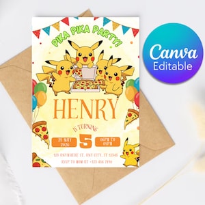 May include: A birthday party invitation featuring Pikachu characters, pizza, and balloons. The invitation includes the text "Pika Pika Party!" and "Henry is turning 5" with the date, time, and location.