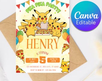 Könnte beinhalten: Eine Geburtstagseinladung mit Pikachu-Charakteren, Pizza und Luftballons. Die Einladung enthält den Text "Pika Pika Party!" und "Henry wird 5" mit Datum, Uhrzeit und Ort.