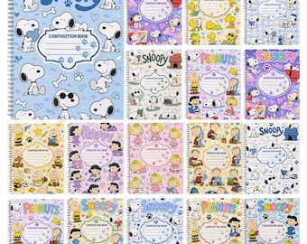 May include: A collection of spiral-bound composition books featuring various Peanuts characters including Snoopy, Woodstock, Charlie Brown, and Lucy. Each notebook displays colorful patterns, character illustrations, and a central label area.
