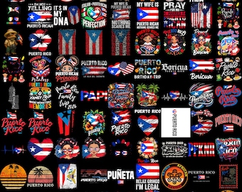 May include: A digital collection of graphic designs featuring the Puerto Rican flag, various illustrations of people, hearts, tropical landscapes, and text including Puerto Rico, Boricua, and family trip themes arranged in a grid on a black background.
