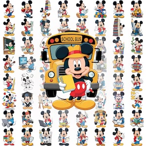 May include: A collection of Mickey Mouse illustrations featuring various school-themed activities, including reading, writing, and using school supplies. A large central image shows Mickey Mouse wearing a hat in front of a yellow school bus.