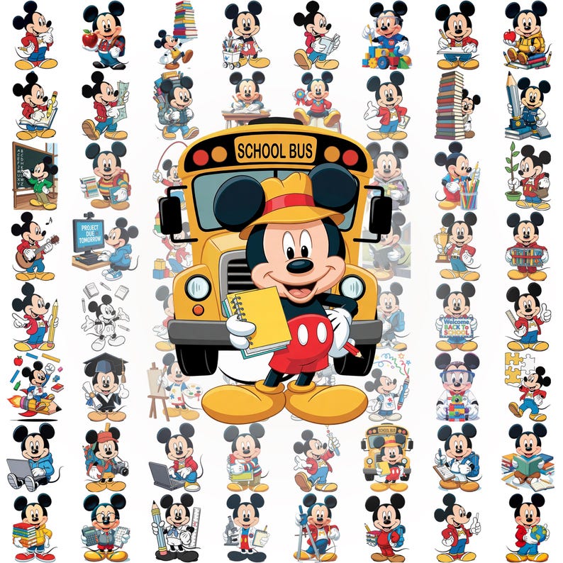 May include: A collection of Mickey Mouse illustrations featuring various school-themed activities, including reading, writing, and using school supplies. A large central image shows Mickey Mouse wearing a hat in front of a yellow school bus.
