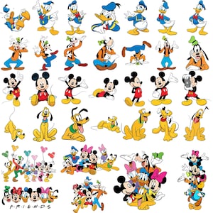 May include: A collection of Disney character illustrations featuring Mickey Mouse, Minnie Mouse, Donald Duck, Daisy Duck, Goofy, and Pluto in various poses and group arrangements, with the word FRIENDS printed in black at the bottom left.