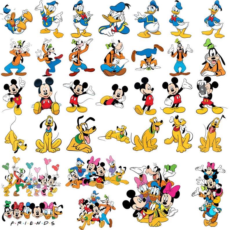 May include: A collection of Disney character illustrations featuring Mickey Mouse, Minnie Mouse, Donald Duck, Daisy Duck, Goofy, and Pluto in various poses and group arrangements, with the word FRIENDS printed in black at the bottom left.