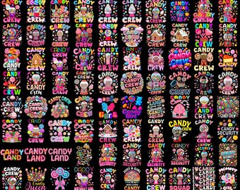 May include: A collection of colourful graphic designs on a black background featuring candy-themed illustrations, gumball machines, gingerbread houses, and lollipops with text including Candy Crew, Candy Land, and Candy Security in various fonts.
